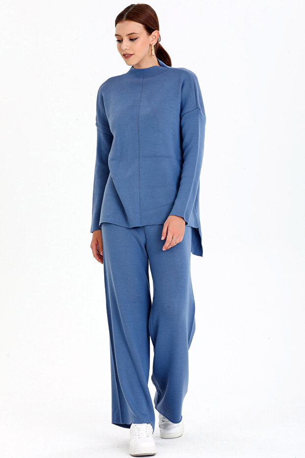 Stand Collar Stripe Detailed Short Front Long Back Sweater Elastic Waist Straight Leg Trousers Double Knitwear Set