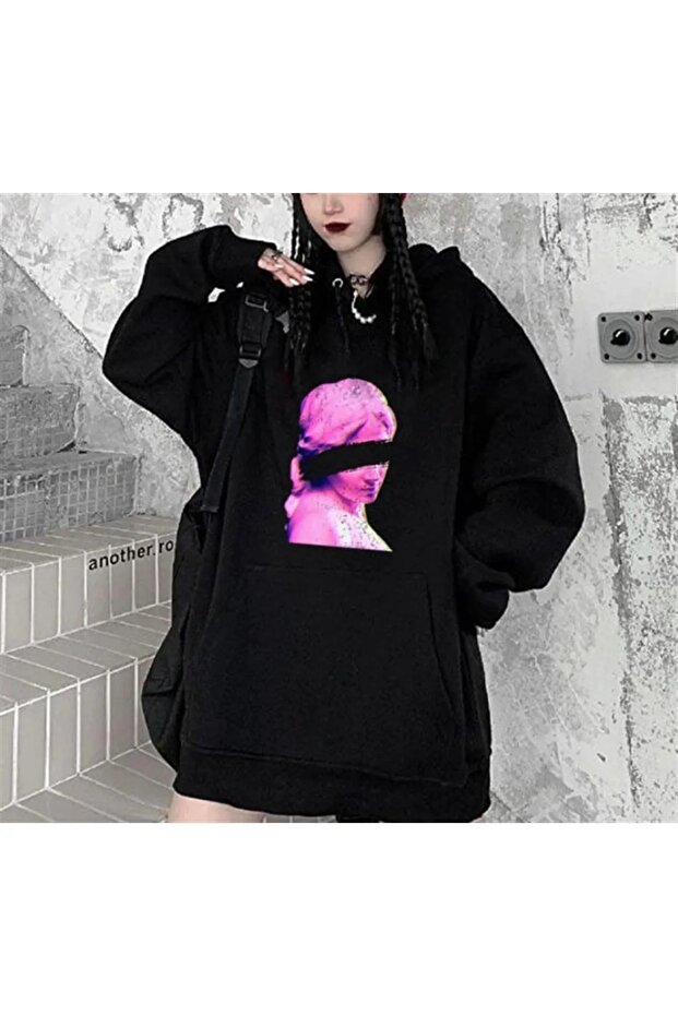 Oversized Eyeless Art Black Hooded Oversized Sweatshirt