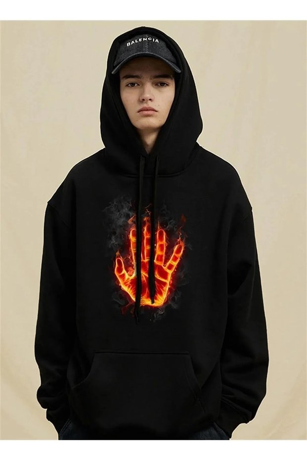 Burning Hand Printed Black Color Hooded Oversized Sweatshirt