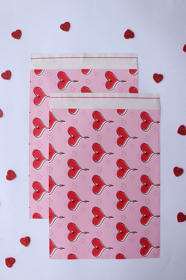 Kendinden Yapışkanlı/bantlı Hediye Paketi, Kırmızı Kalp Yapışkanlı Poşet 5 Adet (25*35 Cm) - 1