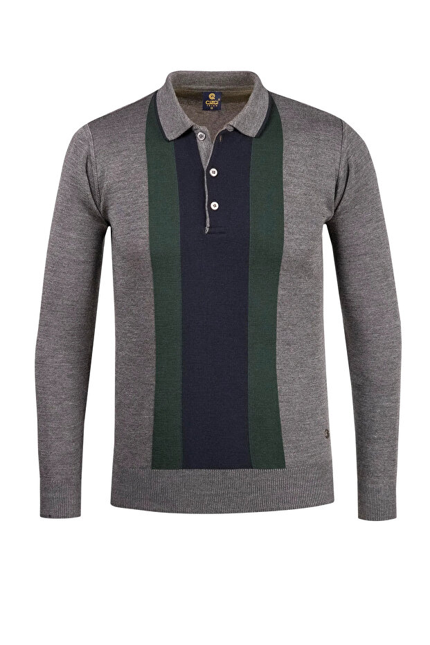 Men's Gray Polo Neck Knitwear Sweater Patterned Steel Knit Regular Fit - 4816F
