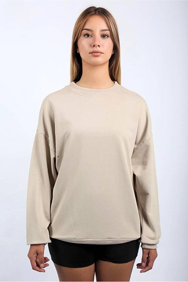 Beige Crew Neck Basic Sweatshirt SH111 - 2