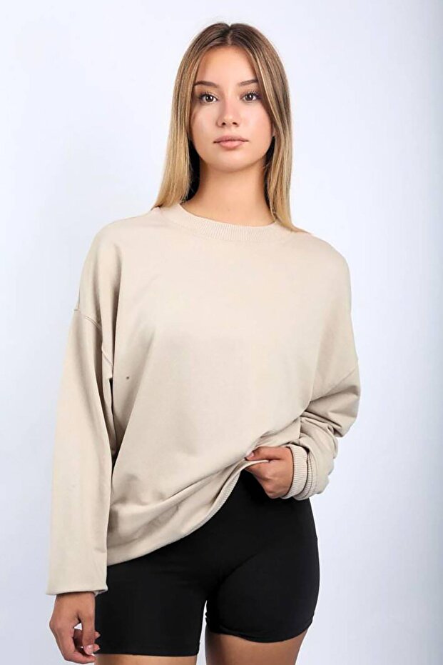 Beige Crew Neck Basic Sweatshirt SH111 - 1