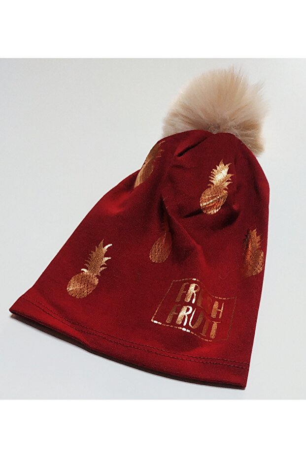 Ponponlu Esnek Örme Penye Anans Parlak Baskılı Kız Bebek Bere - 3