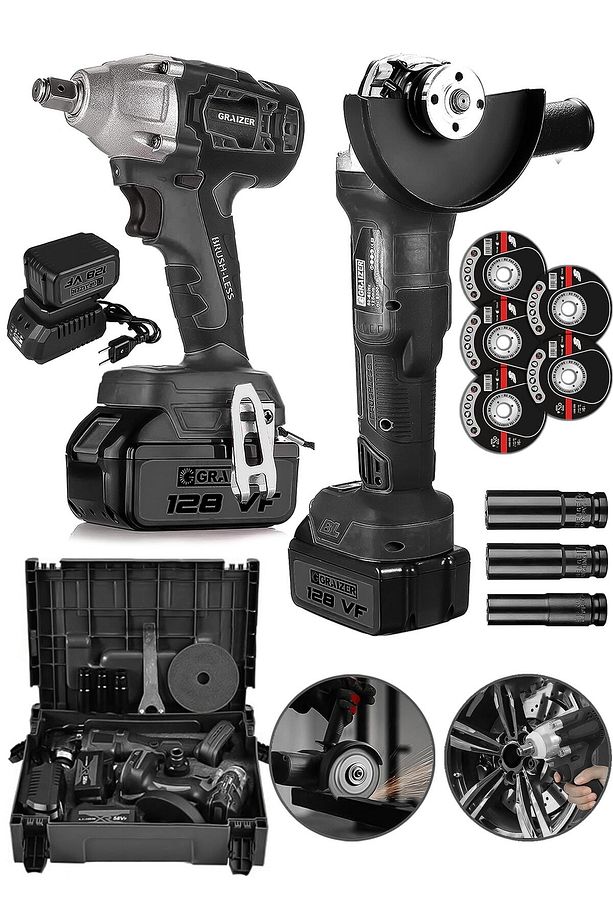 Alman 128 V Profesyonel 2'li Çelik Şanzuman Set Somun Sıkma Taşlama Makinesi 2 Akülü Kömürsüz Motor - 3