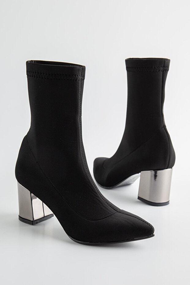 Kadın Streç Siyah Bot Parlak Topuklu Dalgıç Kumaş Bot 6 Cm Topuklu Bot&bootie - 2