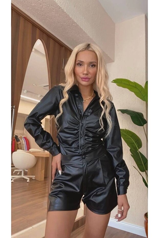 Siyah Deri Şort - 1