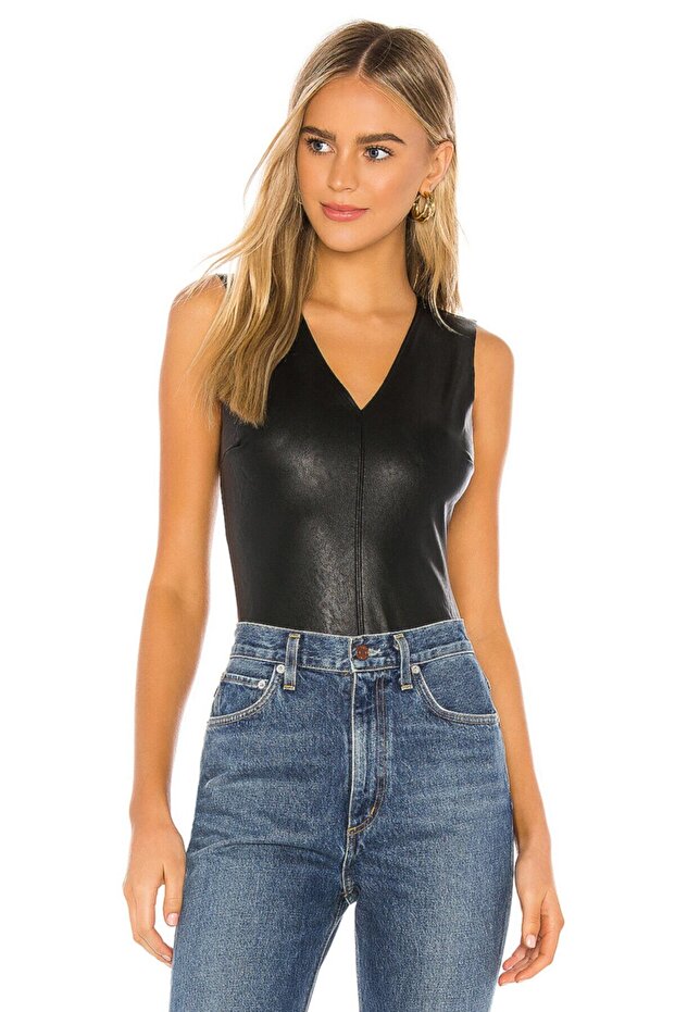 Women's Faux Leather V-Neck Bodysuit
