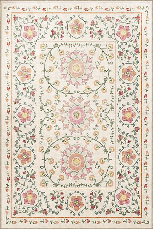 Beige Pink Themed Motif Ethnic Floral Patterned Fringed Vintage Decorative Carpet 3278