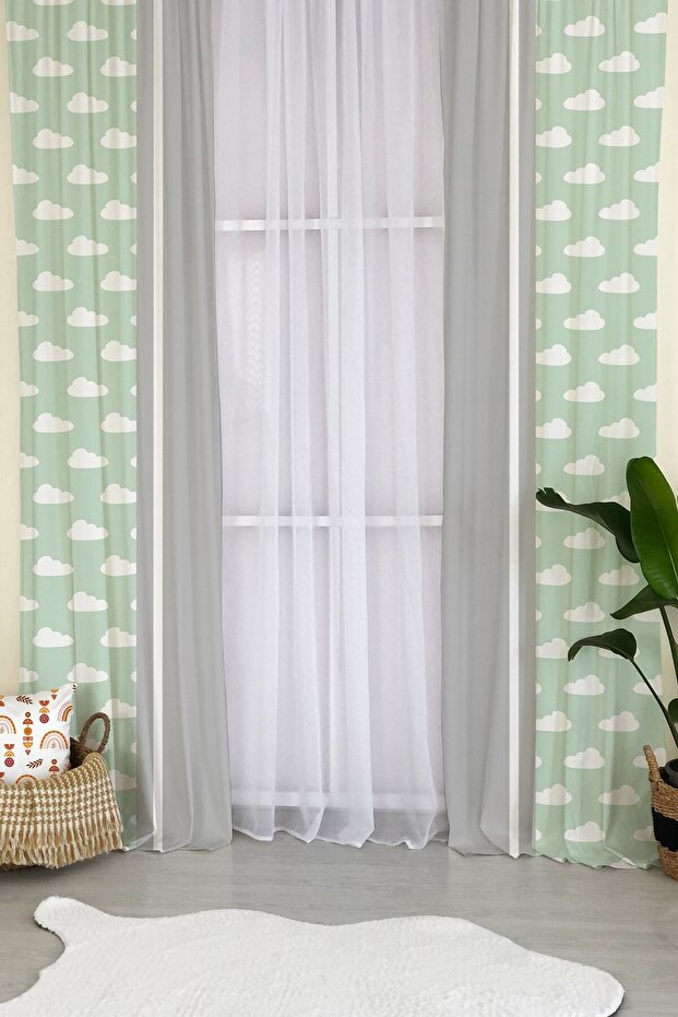 Cloud Patterned Children's Room Background Curtain-green