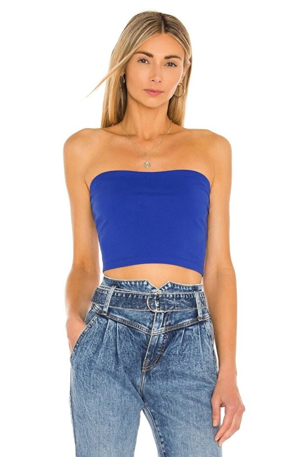 Women's Blue Strapless Silk Jersey Cropped Top