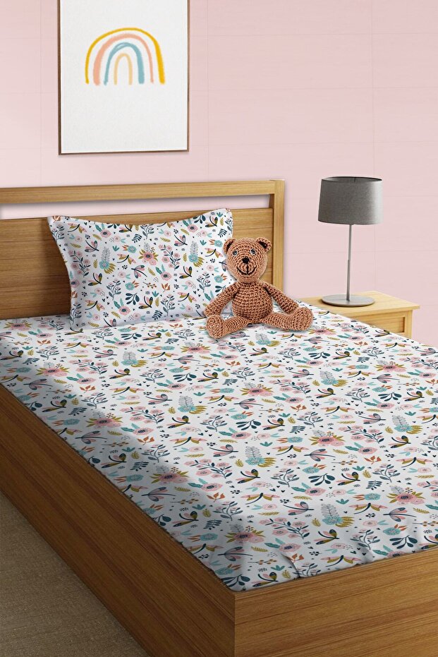 White Single Fitted Sheet Set - Floral Pattern Printed - 1