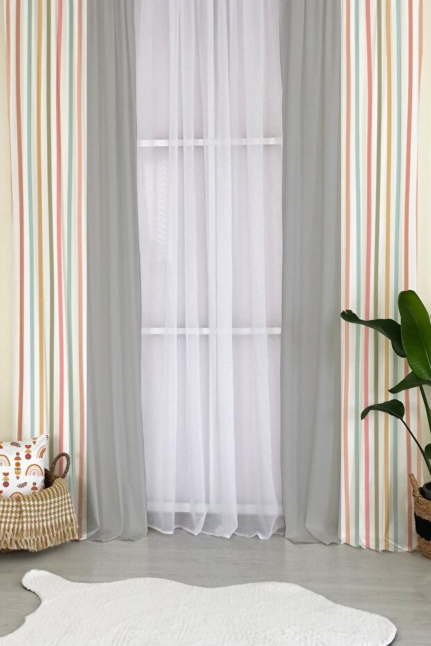 Colorful Striped Patterned Children's Room Background Curtain