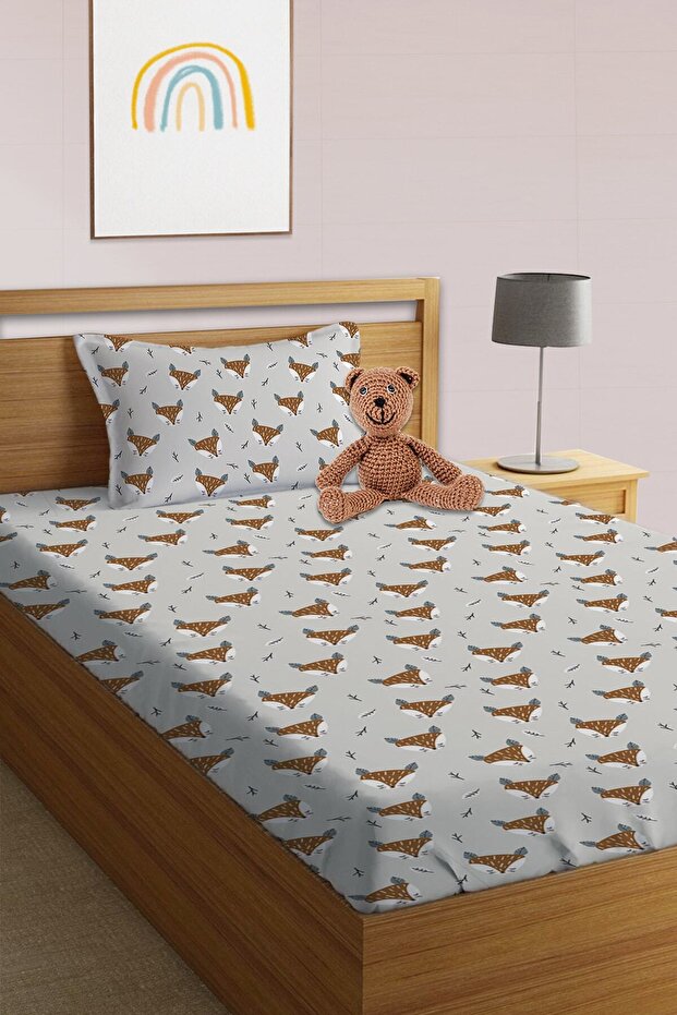 Fox Pattern Printed Single and Baby Size Elastic Sheet Set Gray