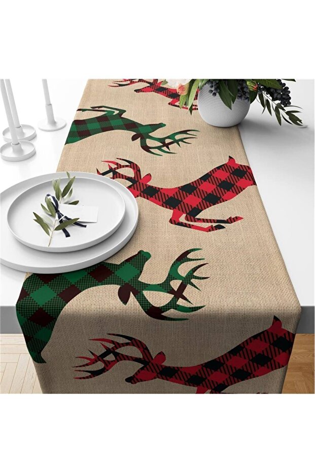 Christmas Themed Velvet Runner with Deer Pattern