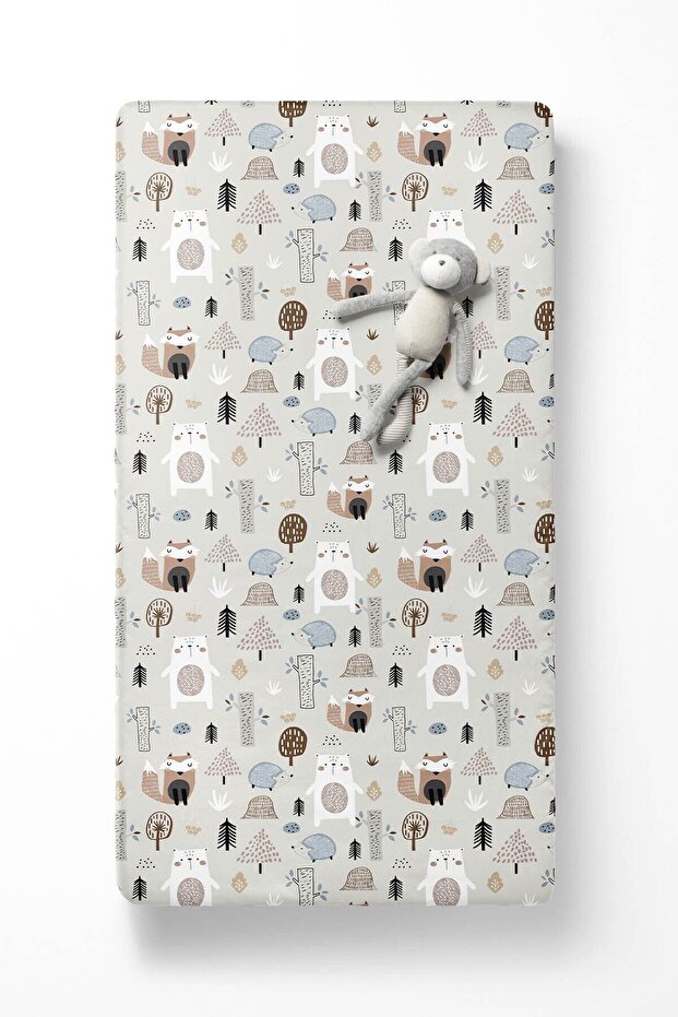 Gray Single Bear and Fox Patterned Fitted Sheet Set - 2