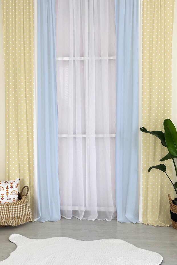 Polka Dot Patterned Children's Room Background Curtain - Blue and Yellow