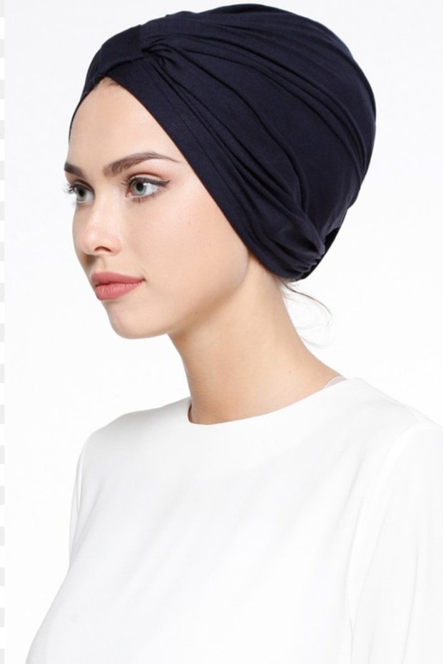 Bone V Indian Instant Turban Navy Blue Cross Banded Drawstring Combed Cotton Hijab Bonnet