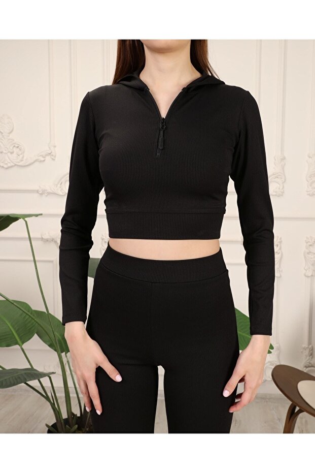 grisee Fitilli Kapşonlu Siyah Crop Sweatshirt
