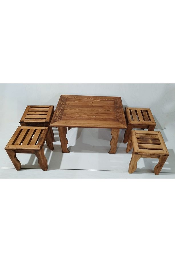 Ahşap Bahçe Takımı, 4+1 Ahşap Sehpa ve Tabure, Balkon & Teras Oturma Grubu, Eskitme Boyalı - 1