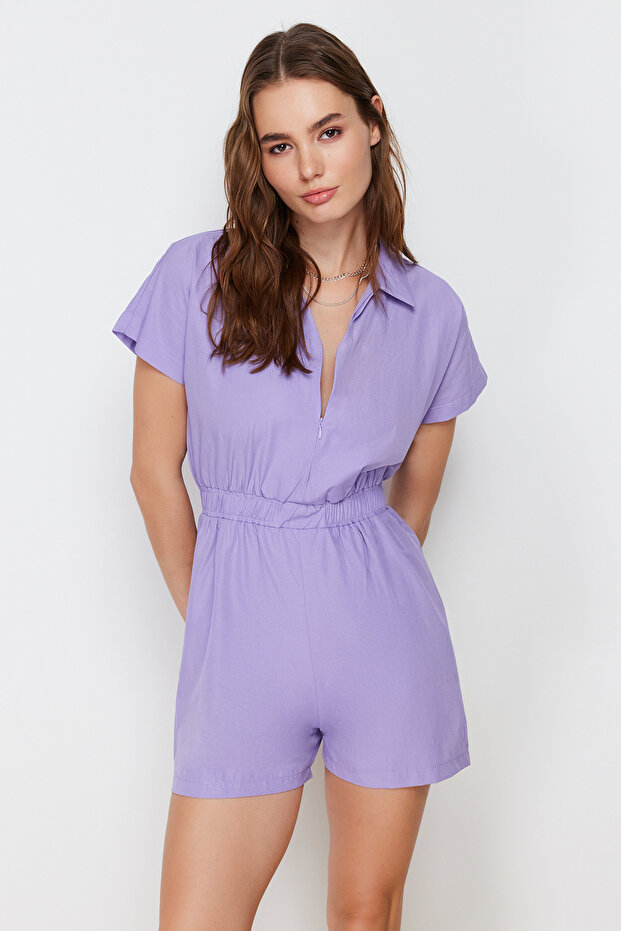 Lila Beli Lastikli Geniş Paça Mini Dokuma Tulum TWOSS22TU0014 - 3