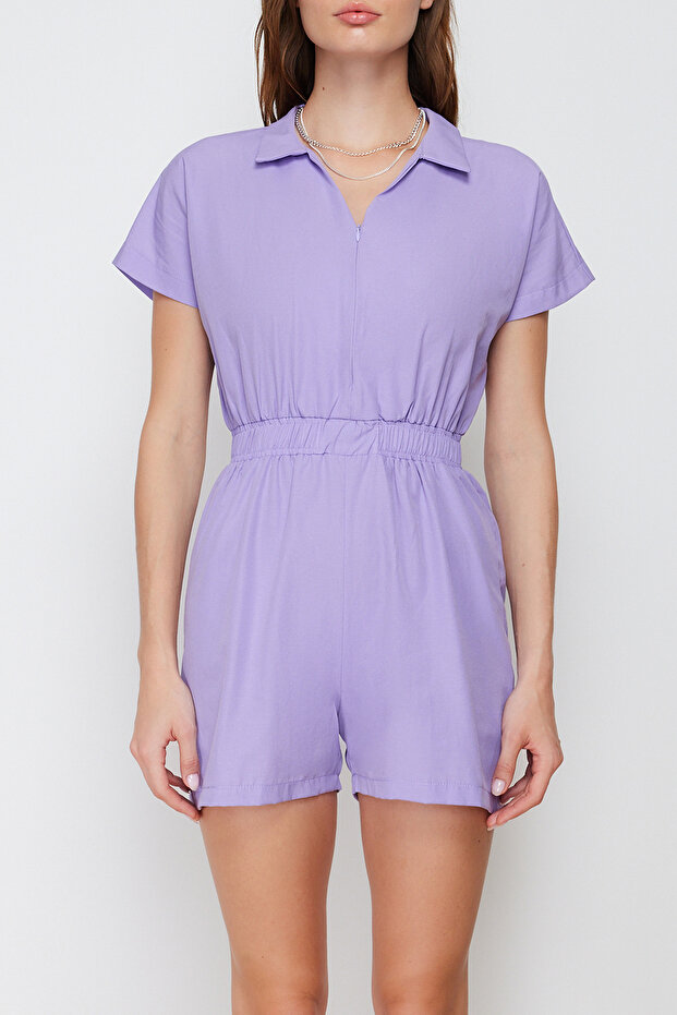 Lila Beli Lastikli Geniş Paça Mini Dokuma Tulum TWOSS22TU0014 - 4