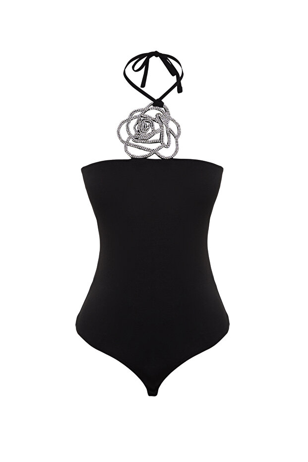 Siyah Parlak Taşlı Gül Aksesuarlı Örme Body TPRSS24BD00009 - 7