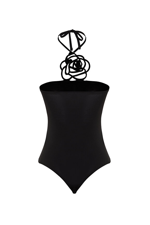 Siyah Parlak Taşlı Gül Aksesuarlı Örme Body TPRSS24BD00009 - 8