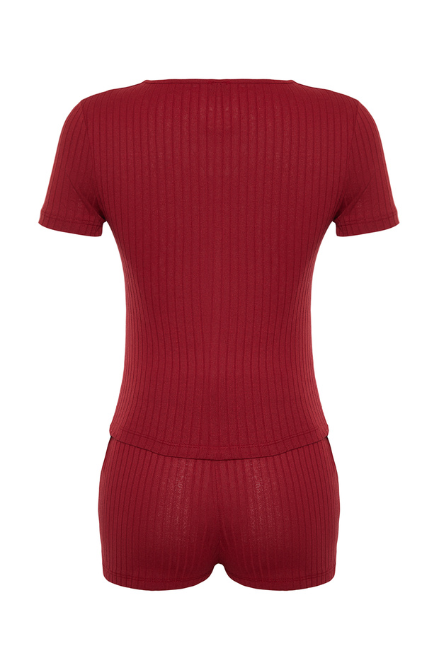 Bordo Düğme Detaylı Fitilli Şortlu Örme Pijama Takımı THMSS24PT00097 - 9