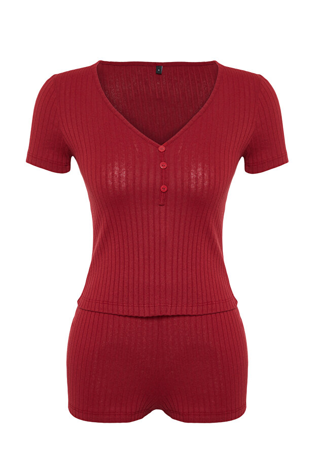 Bordo Düğme Detaylı Fitilli Şortlu Örme Pijama Takımı THMSS24PT00097 - 8