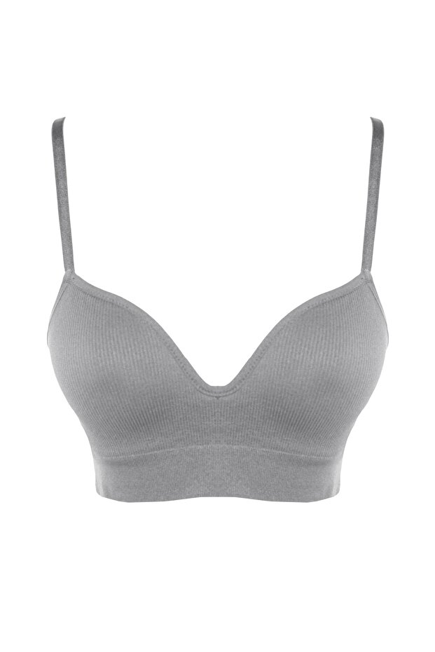 Gri Seamless/Dikişsiz İp Askılı Dolgusuz Balensiz Kaplı Bralette Örme Sütyen THMAW22SU0043 - 8
