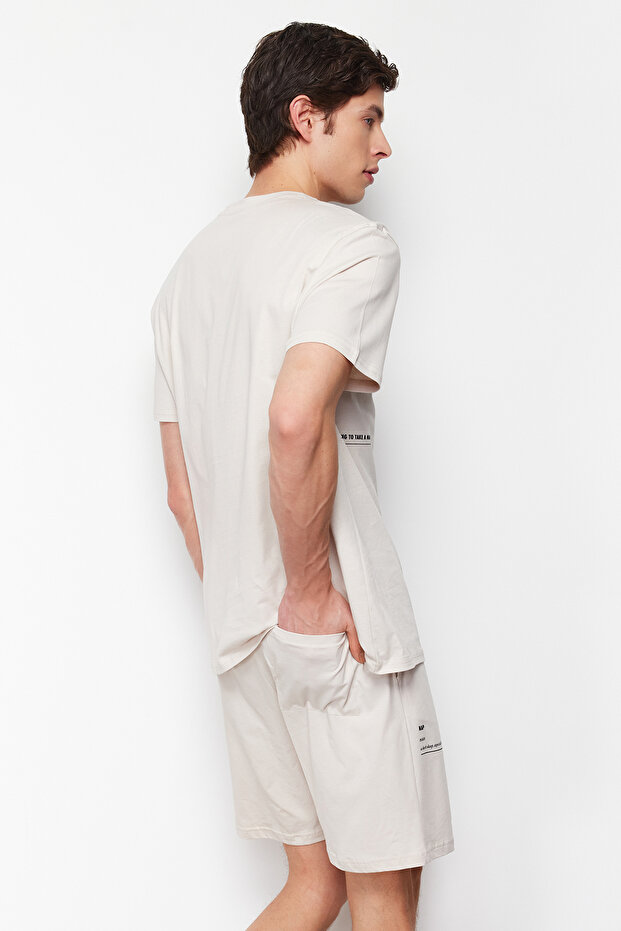 Bej Slogan Baskılı Örme Şortlu Pijama Takımı TMNSS24PT00001 - 6