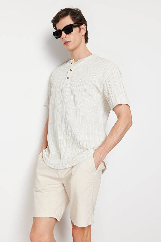 Ekru Keten İçerikli Oversize Fit Gömlek TMNSS23GO00139 - 3