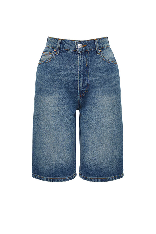Mavi Yüksek Bel Denim Bermuda TWOSS24SR00007 - 7