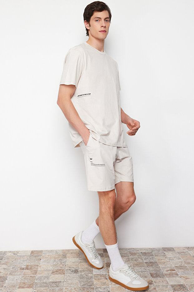 Bej Slogan Baskılı Örme Şortlu Pijama Takımı TMNSS24PT00001 - 1