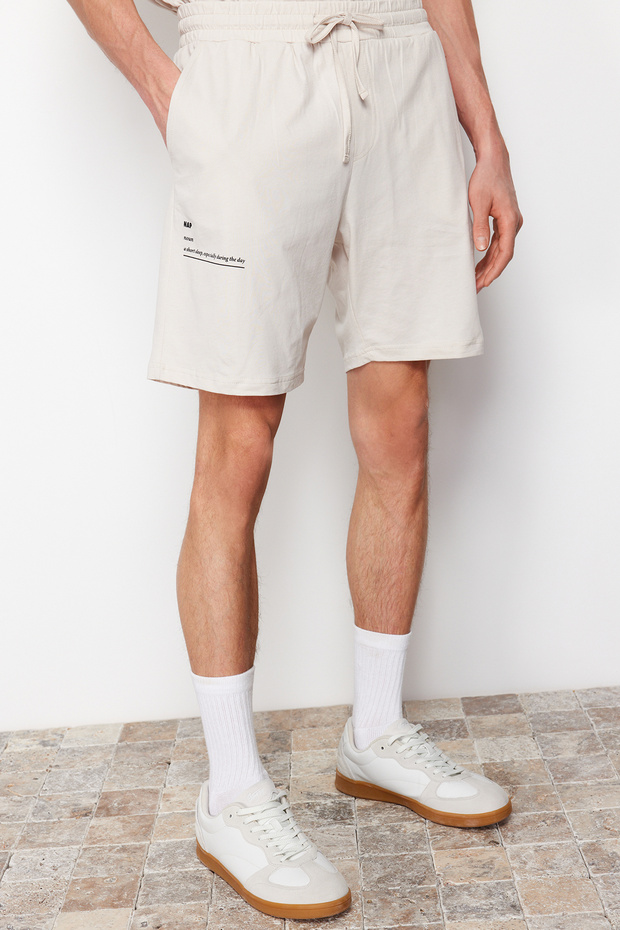 Bej Slogan Baskılı Örme Şortlu Pijama Takımı TMNSS24PT00001 - 5