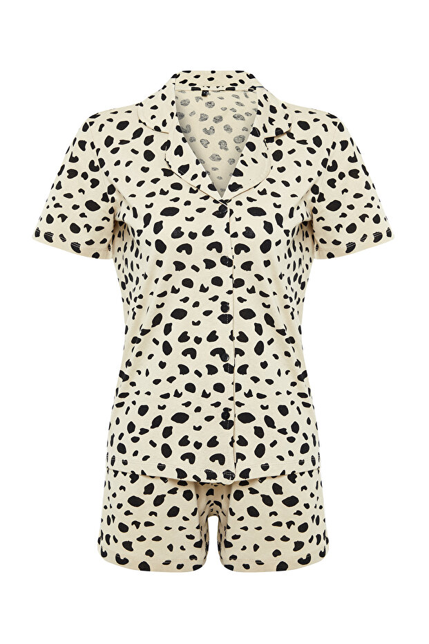 Çok Renkli %100 Pamuklu Leopar Desenli Şortlu Örme Pijama Takımı THMSS24PT00025 - 8