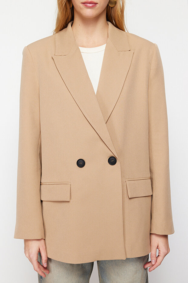 Camel Oversize Düz Kesim Basic Kruvaze Dokuma Blazer Ceket TWOSS24BC00028 - 5