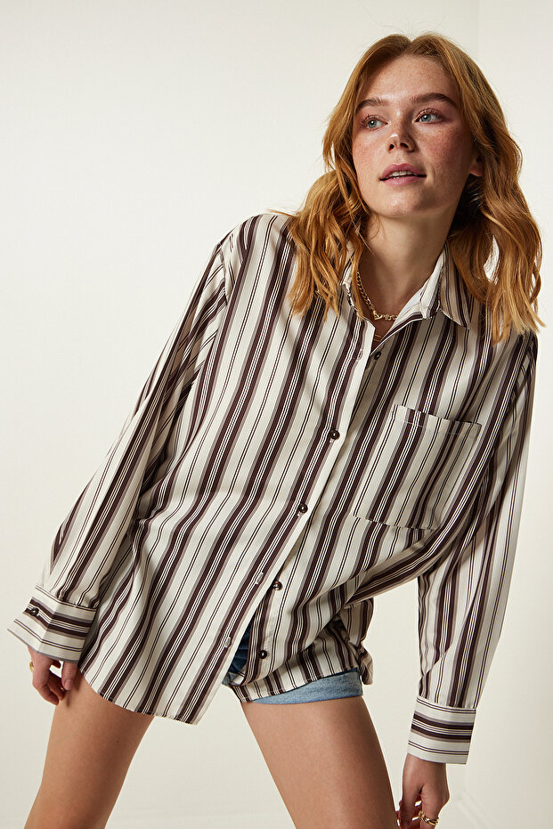 Women's Cream Brown Striped Oversize Knitted Shirt SF00007