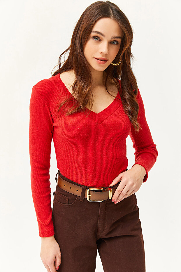 Women's Red Thick Banded V-Neck Hooded Blouse BLZ-19002387