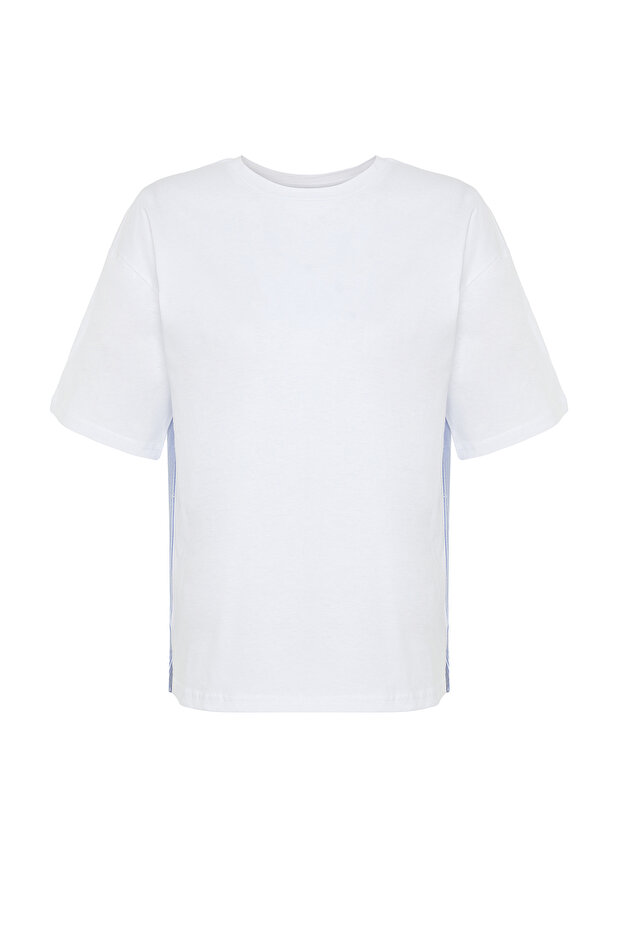Beyaz Çizgili Kalın Pamuklu Poplin Detaylı Oversize/Geniş Kalıp Örme T-Shirt TWOSS24TS00006 - 7