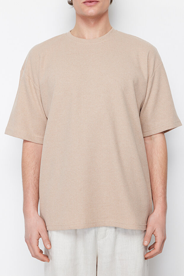 Camel Oversize/Geniş Kesim Bisiklet Yaka Kısa Kollu Basic Dokulu T-shirt TMNSS22TS00049 - 5