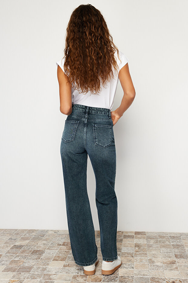 Koyu Mavi Soluk Efekt Vintage Yüksek Bel Wide Leg Geniş Paça %100 Pamuk Jeans TWOSS24JE00080 - 6