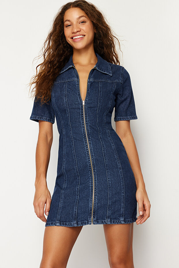 Koyu Mavi Fermuarlı Fitted/Vücuda Oturan Mini Comfort/Esnek Denim Elbise TWOSS24EL00381 - 3