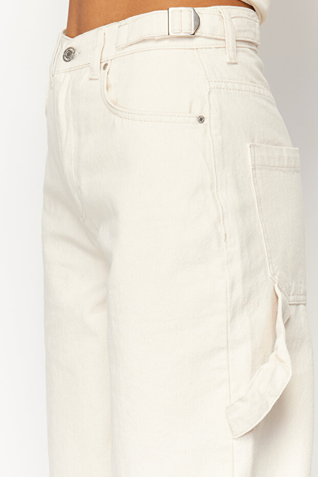 Ekru Bol Kesim Yüksek Bel Carpenter Loose Baggy %100 Pamuk Non-Stretch Jeans TWOAW24JE00308 - 10