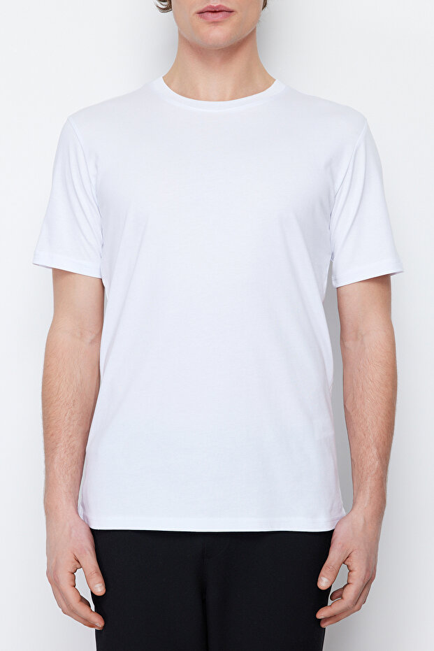 Beyaz Slim/Dar Kesim Kısa Kollu %100 Pamuklu Bisiklet Yaka T-Shirt TMNSS19BO0001 - 5