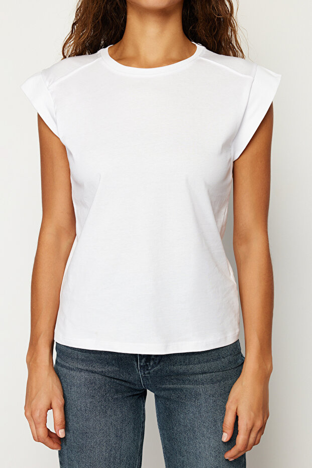 Beyaz Ribana Detaylı Ay Kol Basic Örme T-Shirt TWOSS24TS00008 - 5