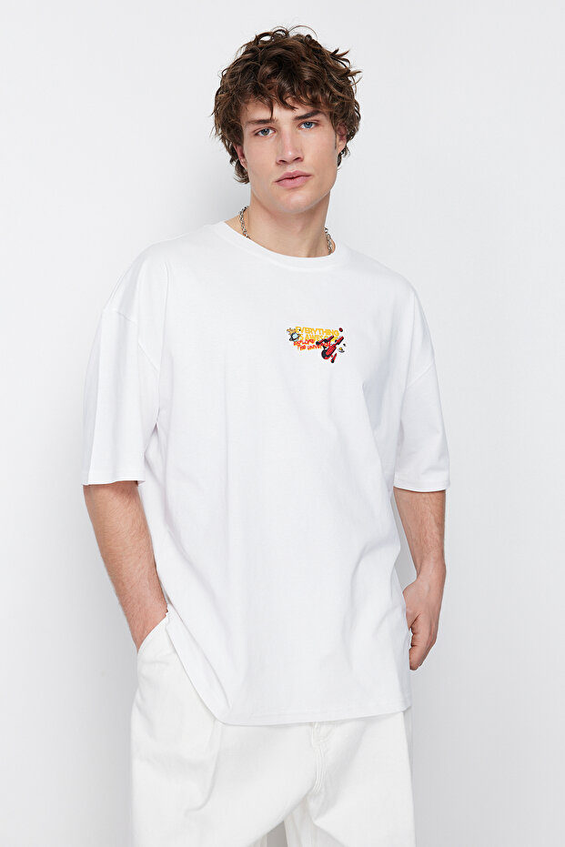 Beyaz Oversize/Geniş Kesim Uzay Baskılı %100 T-Shirt TMNSS24TS00085 - 3