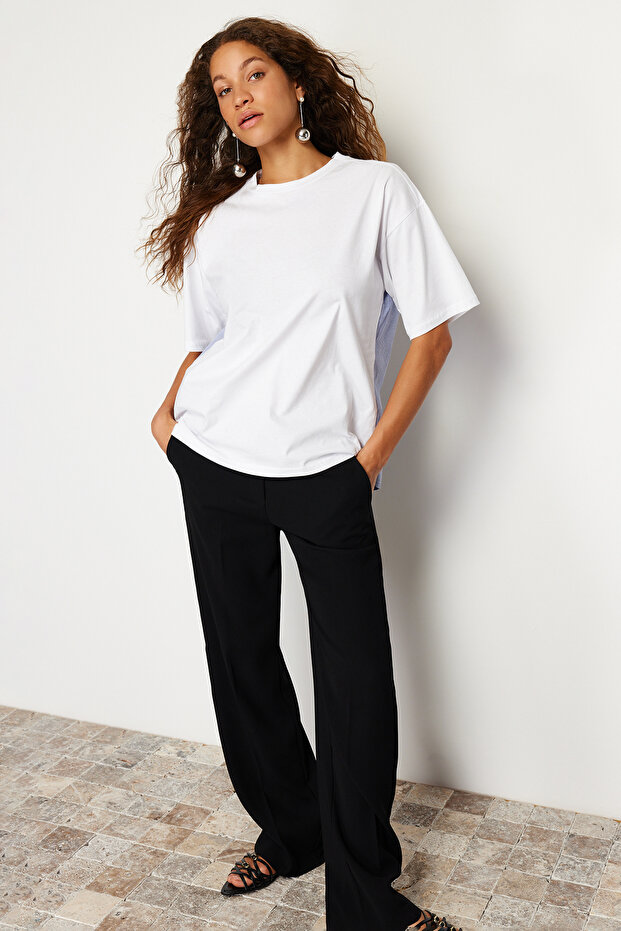 Beyaz Çizgili Kalın Pamuklu Poplin Detaylı Oversize/Geniş Kalıp Örme T-Shirt TWOSS24TS00006 - 2