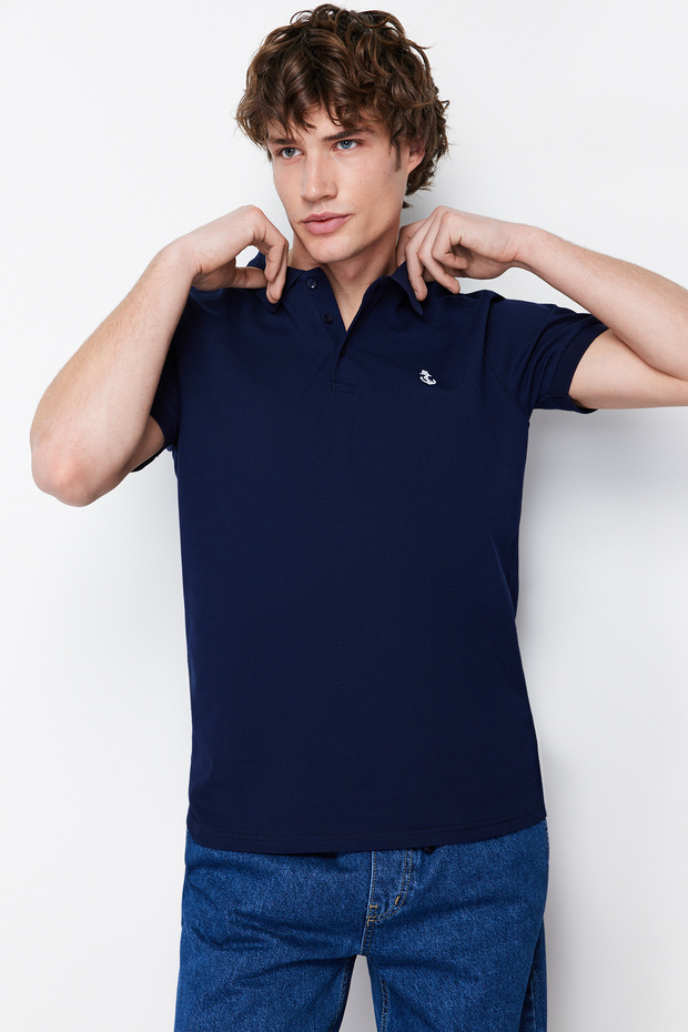Lacivert Regular/Normal Kesim %100 Pamuklu Çapa Nakışlı Polo Yaka T-shirt TMNSS23PO00031 - 3